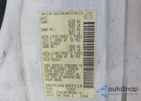 2015 Nissan Nv Cargo Nv2500 Hd S V8 z USA, uszkodzony, nr VIN 1N6AF0LYXFN802519